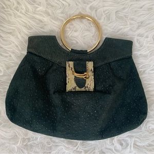 Vegan leather purse dark green w/goldtone “bracelet” ring handle; ostrich, snake